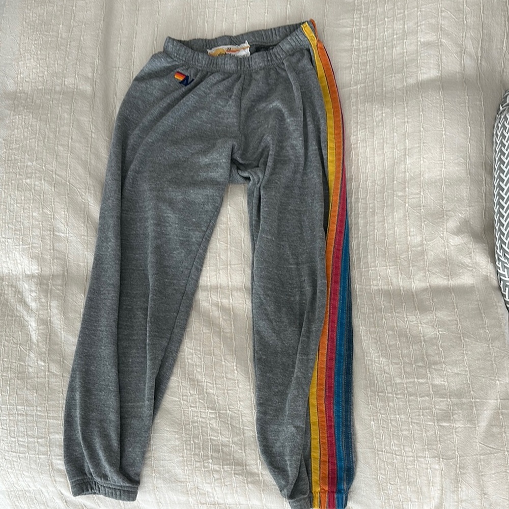 Aviator Nation 5 Stripe Sweatpants-Gray Joggers-Rainbow Side Stripe Women’s M